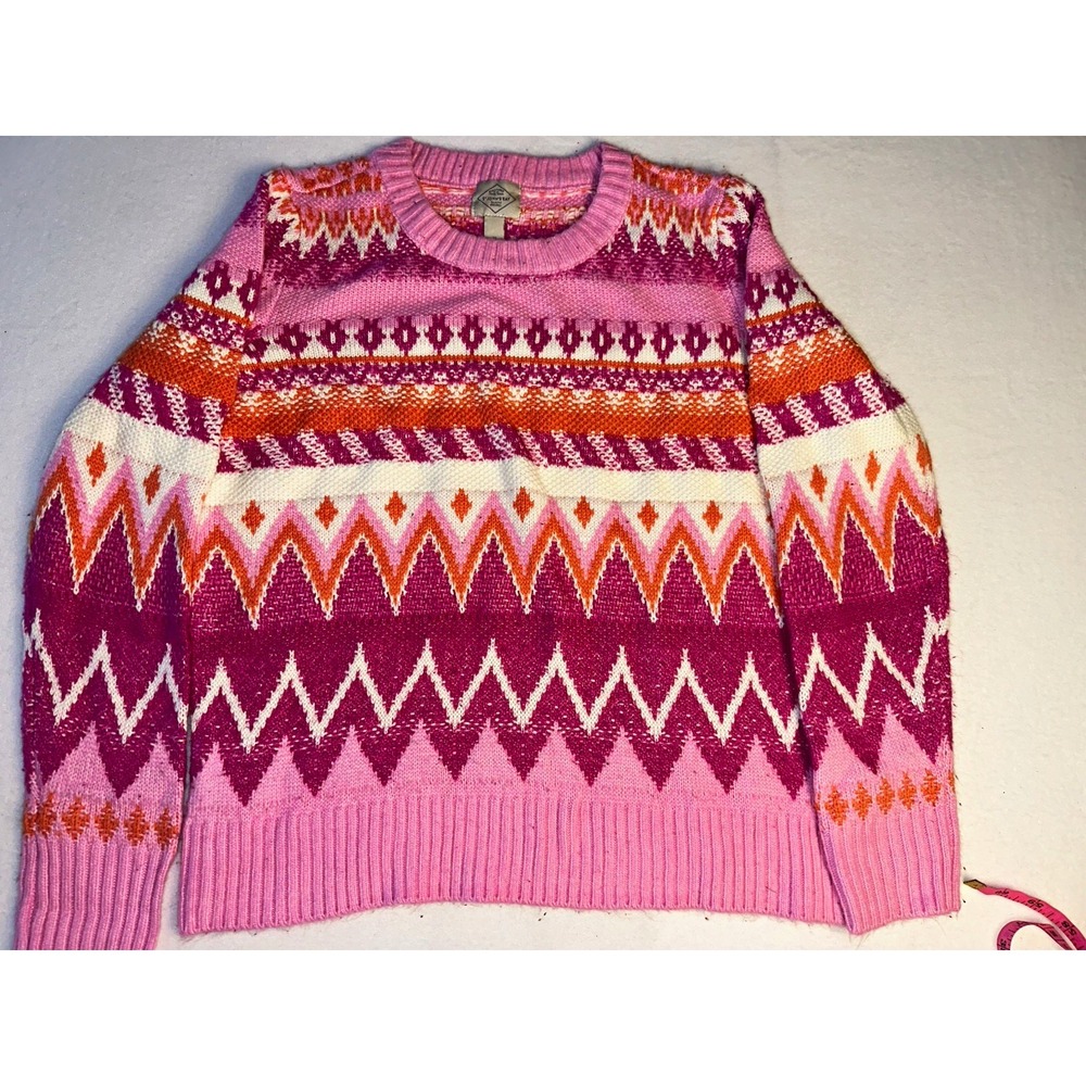 St. John's Bay Women Fair Isle Knit Crew Neck Pullover Sweater Pink Size M